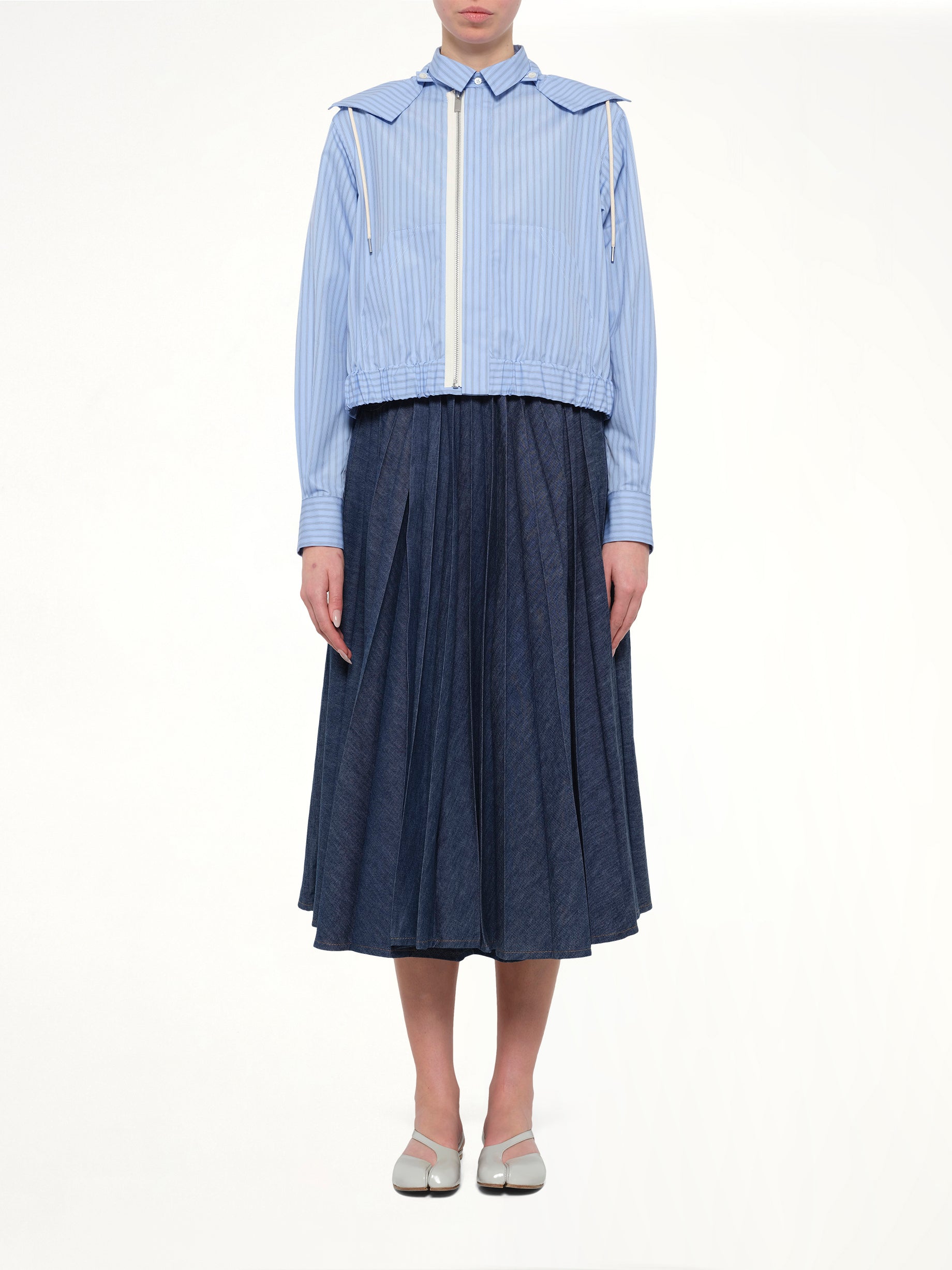 Womens Poplin Hoodie in Light Blue Stripe