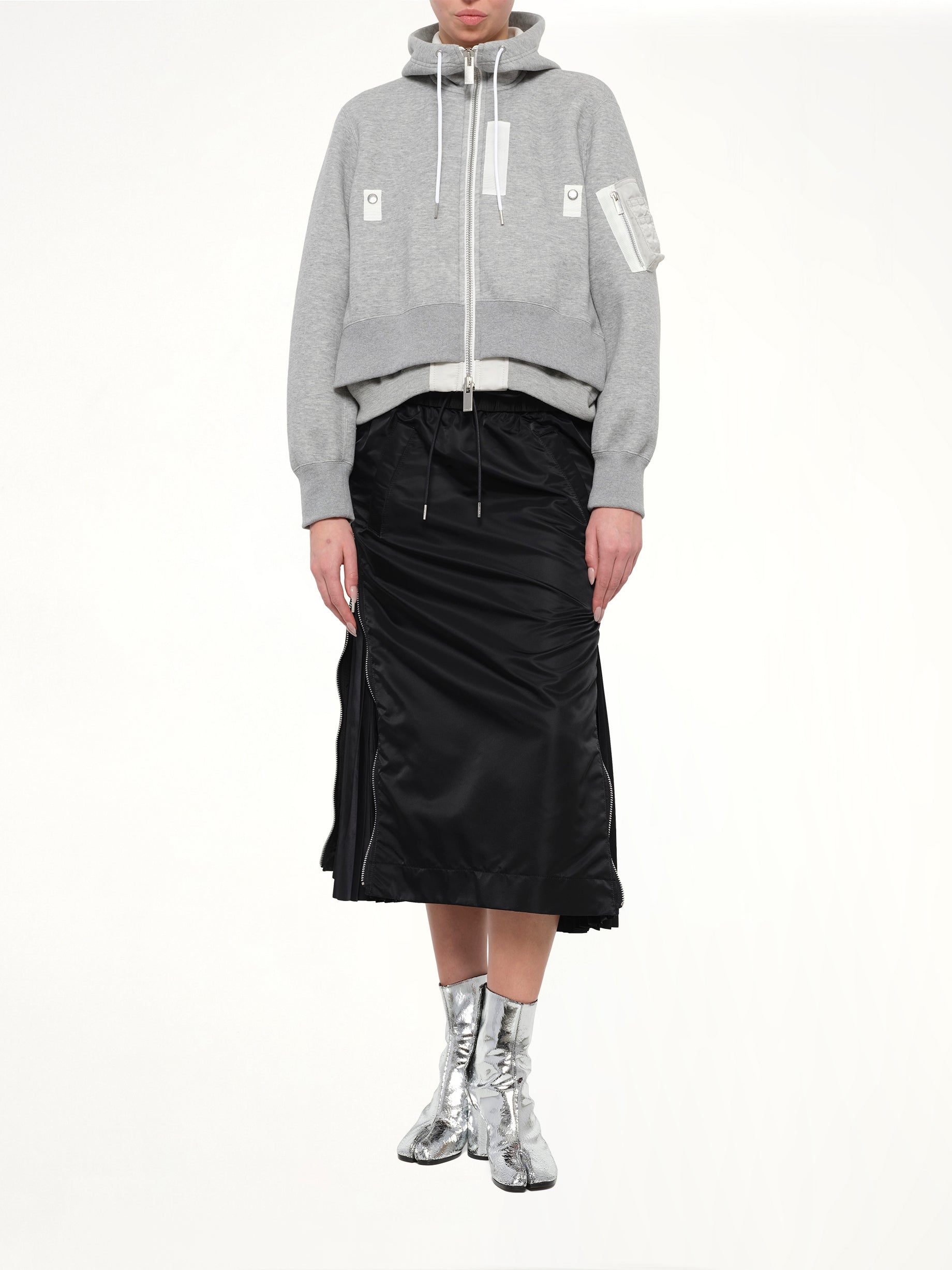 Layered Sponge Sweat x Nylon Twill Hoodie in Light Gray