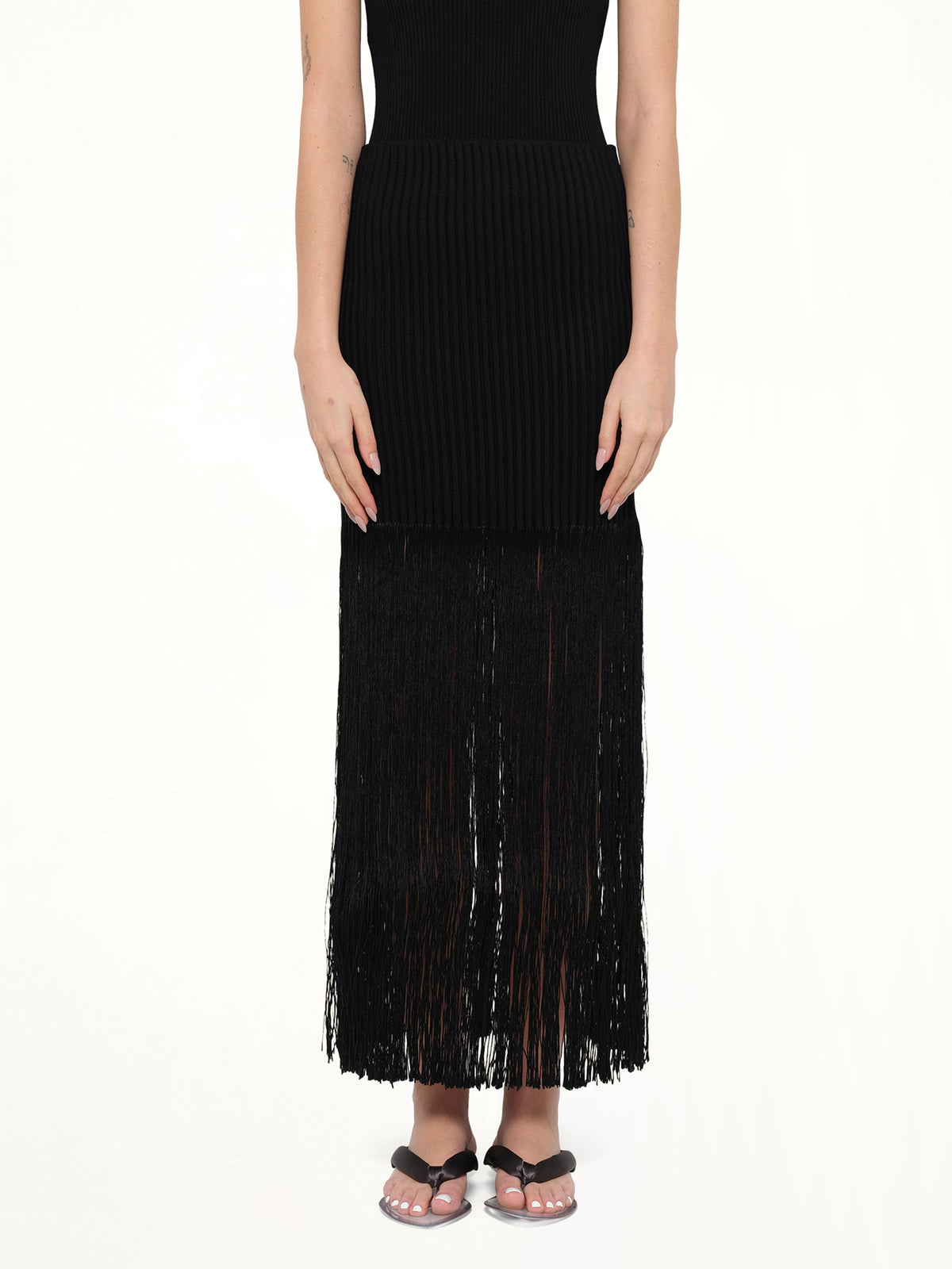 Tube Fringed Knit Skirt in Black