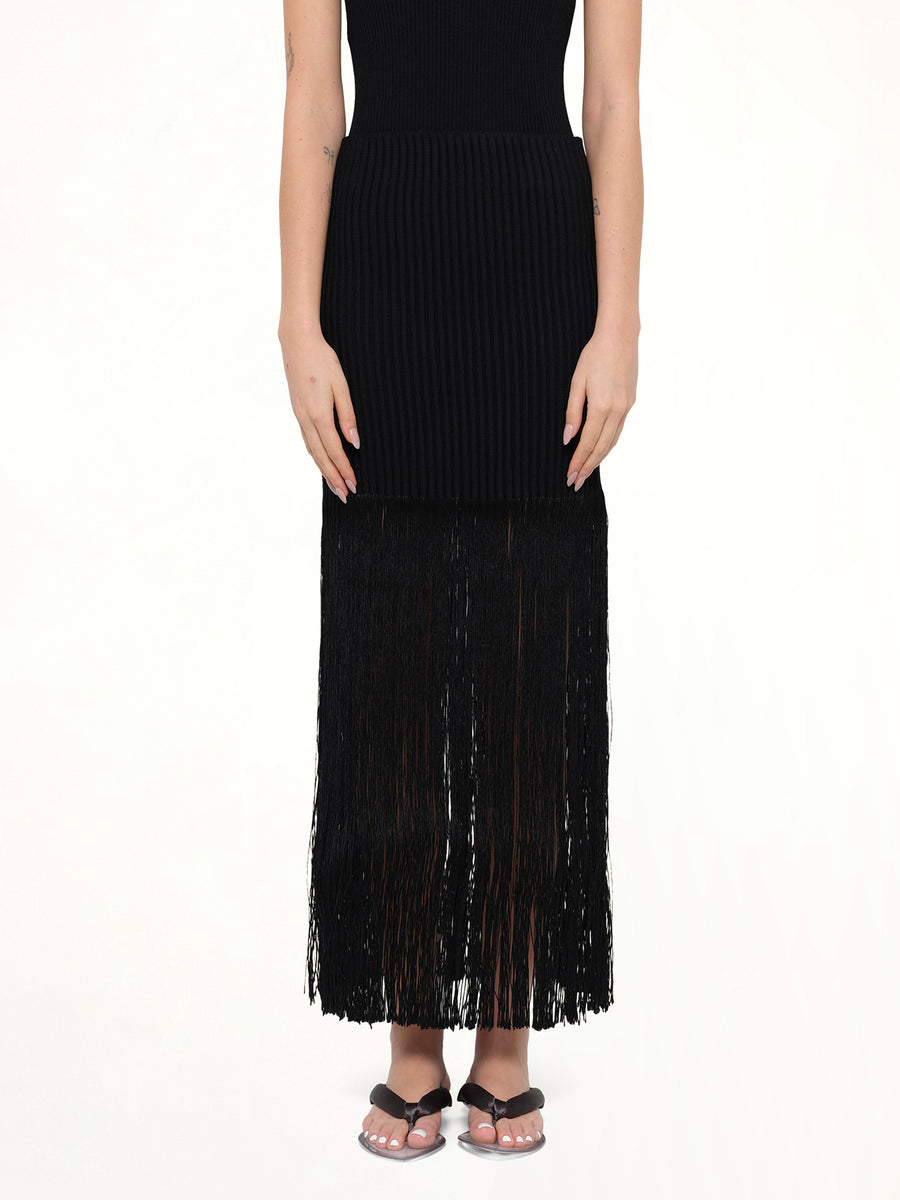 Tube Fringed Knit Skirt in Black