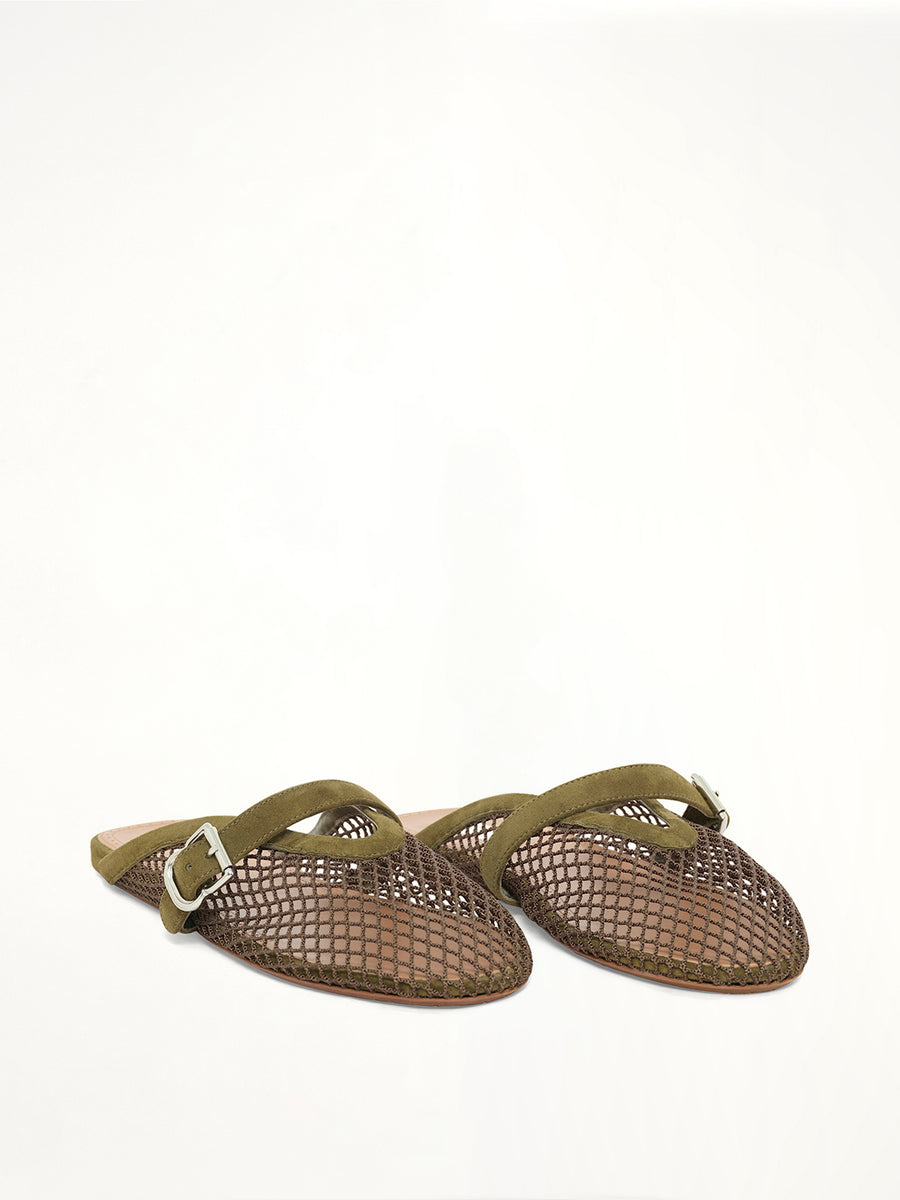 Fishnet Flat Mules in Vert Camouflage