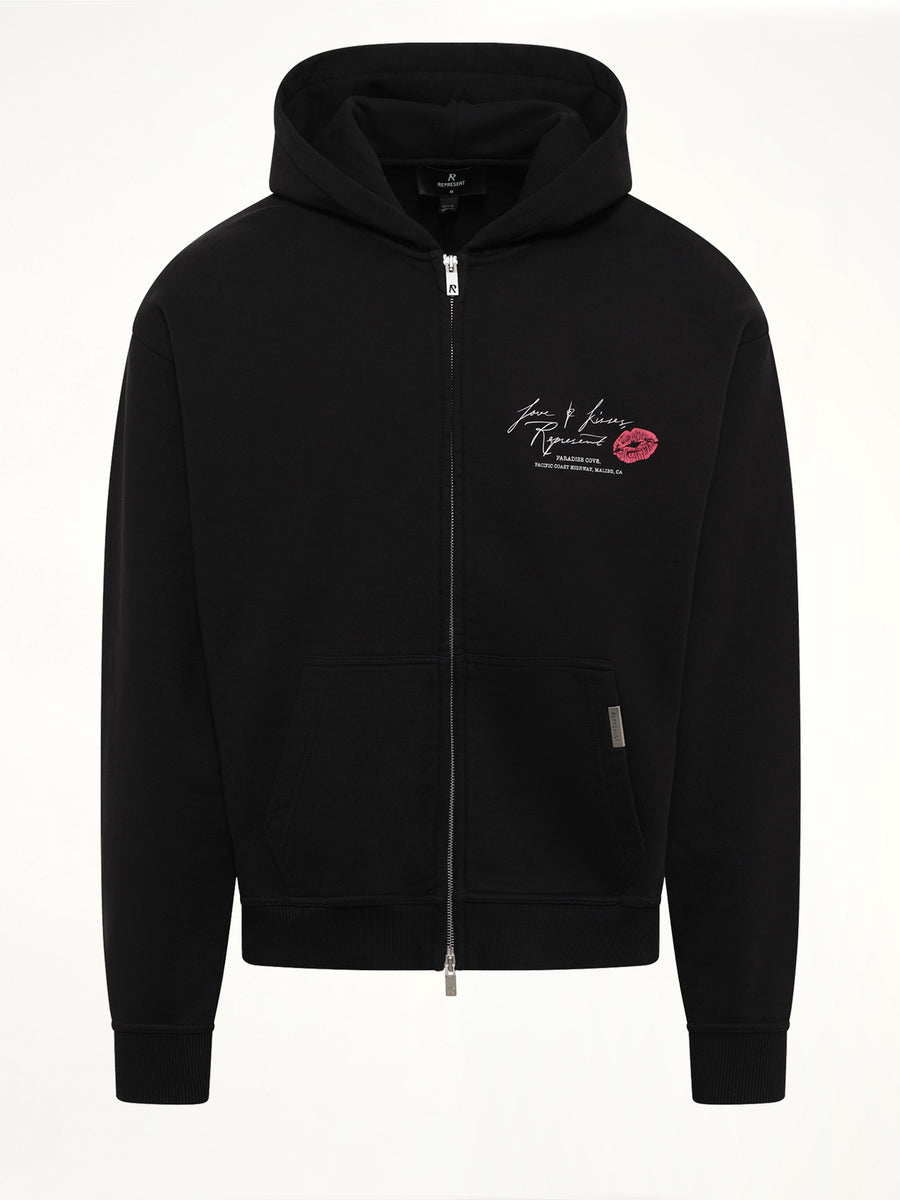 Love And Kisses Zip Through Hoodie in Jet Black