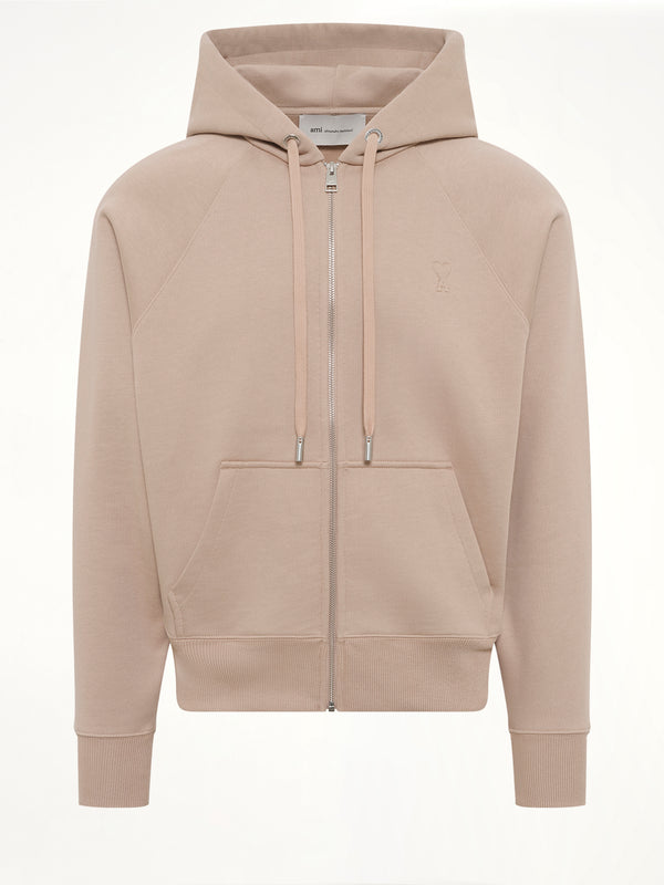Tonal Embossed Ami De Coeur Zipped Hoodie in Beige