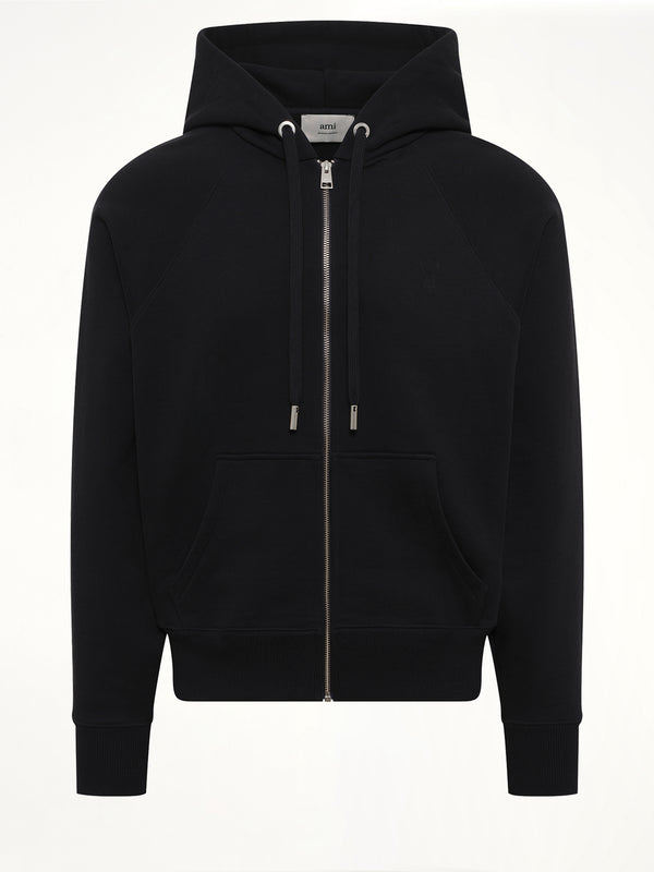 Tonal Embossed Ami De Coeur Zipped Hoodie in Black