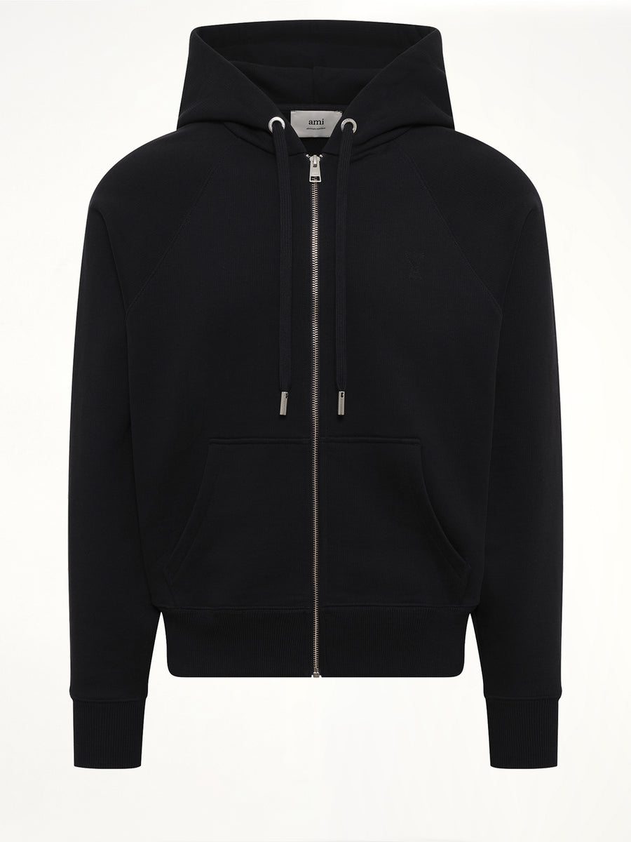 Tonal Embossed Ami De Coeur Zipped Hoodie in Black