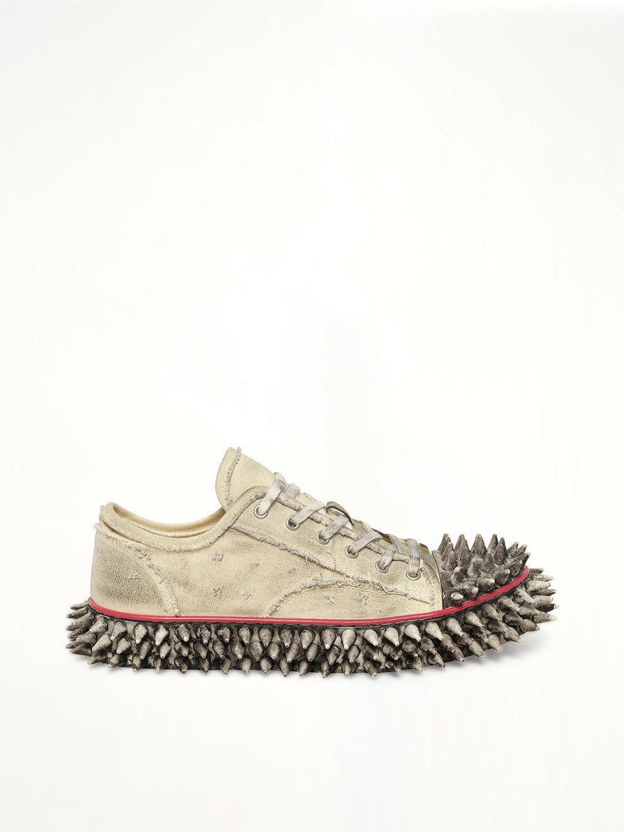 Dirty Spike Toe Cap Canvas Sneaker in White Side View | DOUBLET