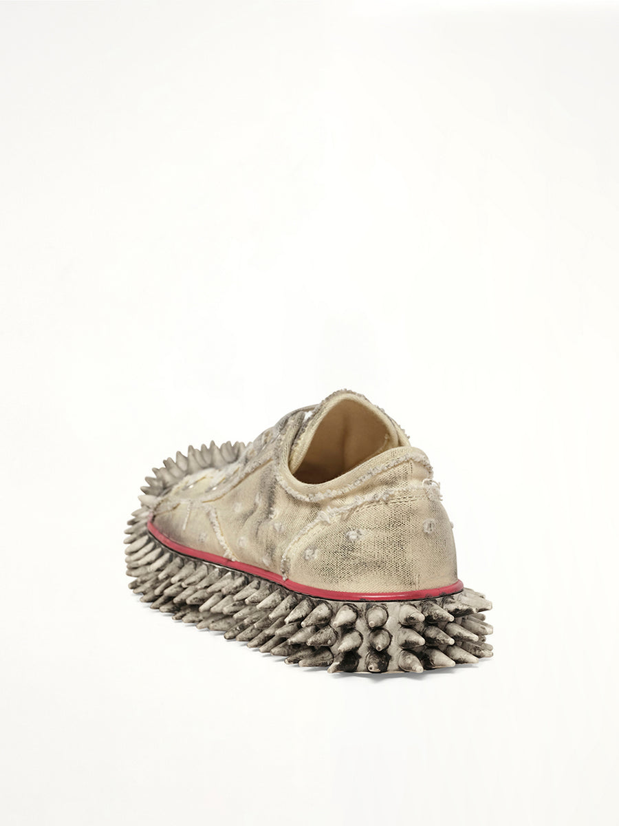 Dirty Spike Toe Cap Canvas Sneaker in White Back View | DOUBLET