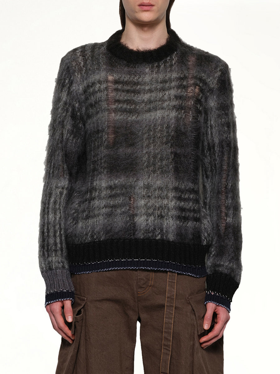 Plaid Mohair Knit Pullover in Black