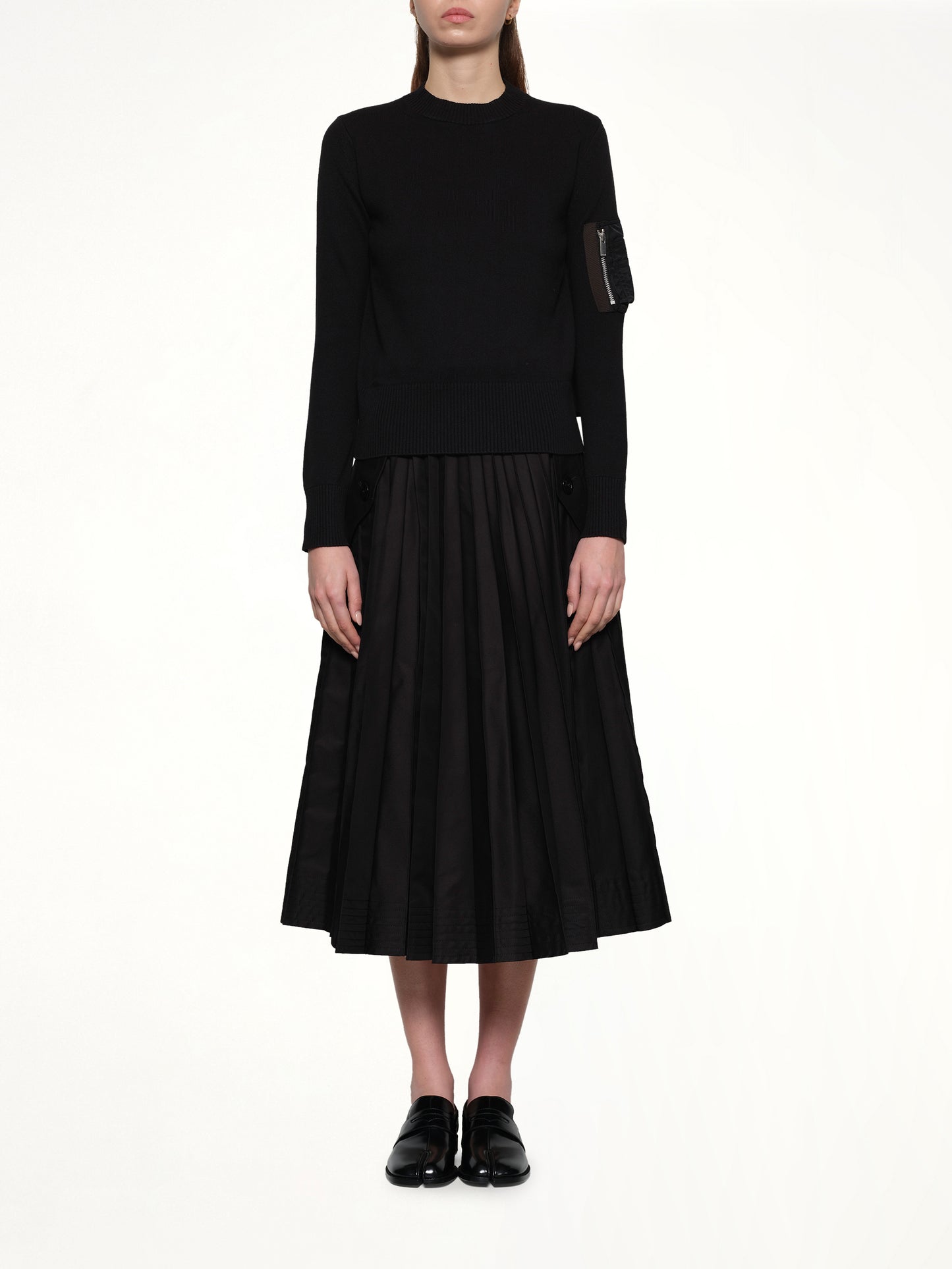 Nylon Twill x Cotton Knit Pullover in Black