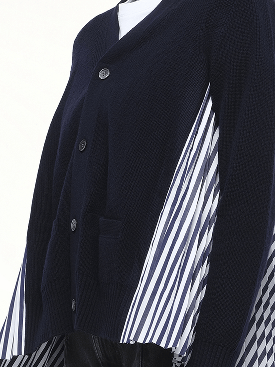 Wool Knit x Cotton Poplin Cardigan in Navy/NavyStripe