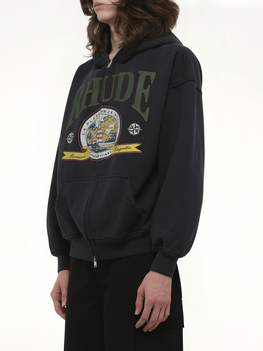 Rhude Monaco Regatta Full-Zip Hoodie in Vintage Black