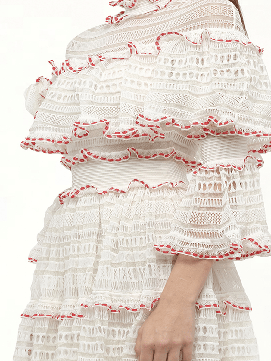 AMQ - Volume Lace Mini Dress in White/Pink