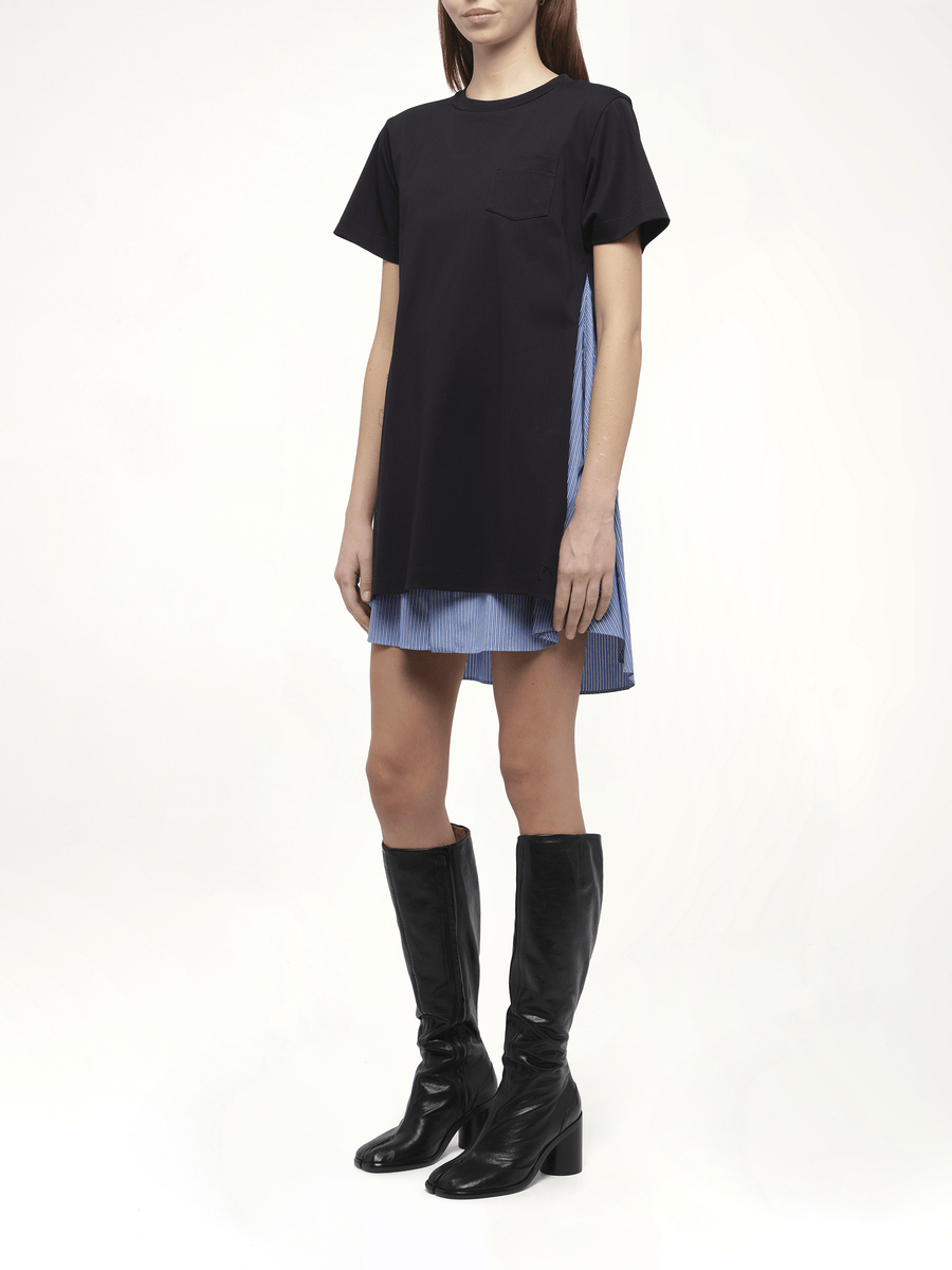Poplin x Cotton Jersey Dress in Navy/Blue Stripe