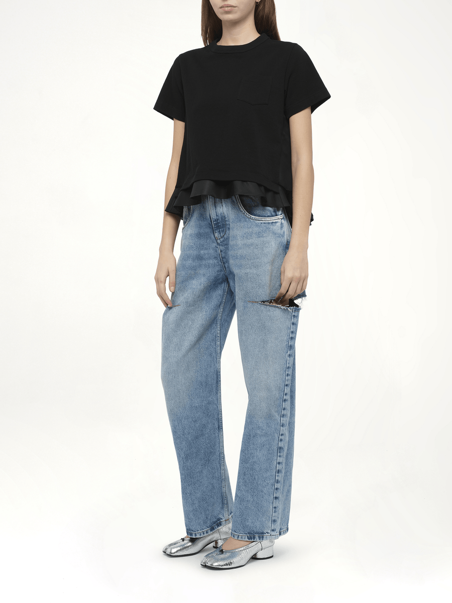 Nylon Twill x Cotton Jersey T-Shirt in Black