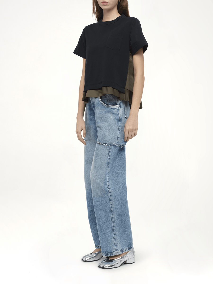Nylon Twill x Cotton Jersey T-Shirt in Navy/Dark Khaki