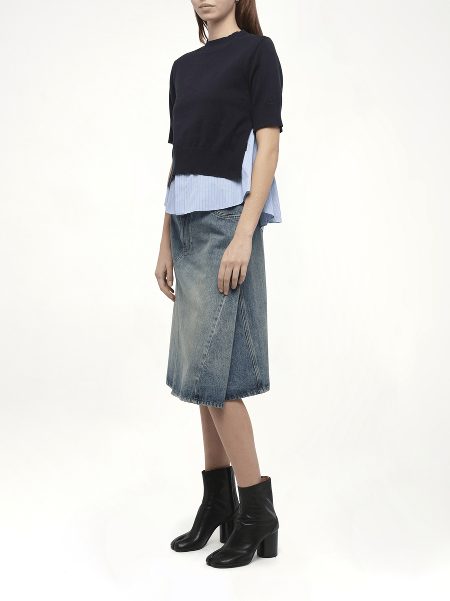Poplin x Knit Pullover in Navy/Light Blue Stripe