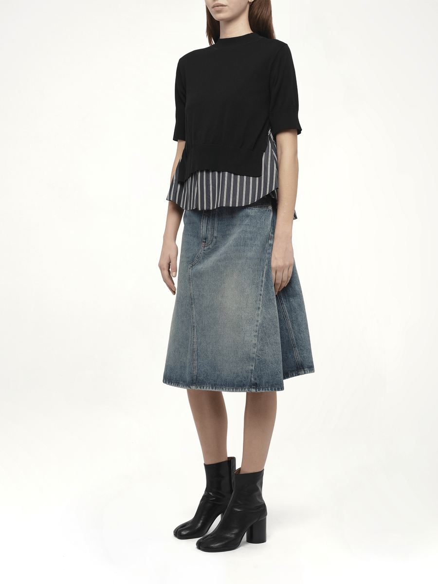 Poplin x Knit Pullover in Black/Dark Navy Stripe