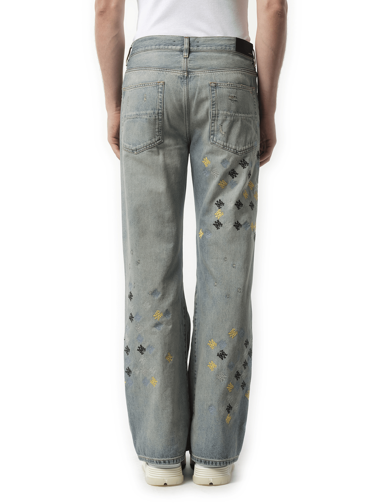 Amiri MA Quad Embroidered Flare Jeans in Antique Indigo