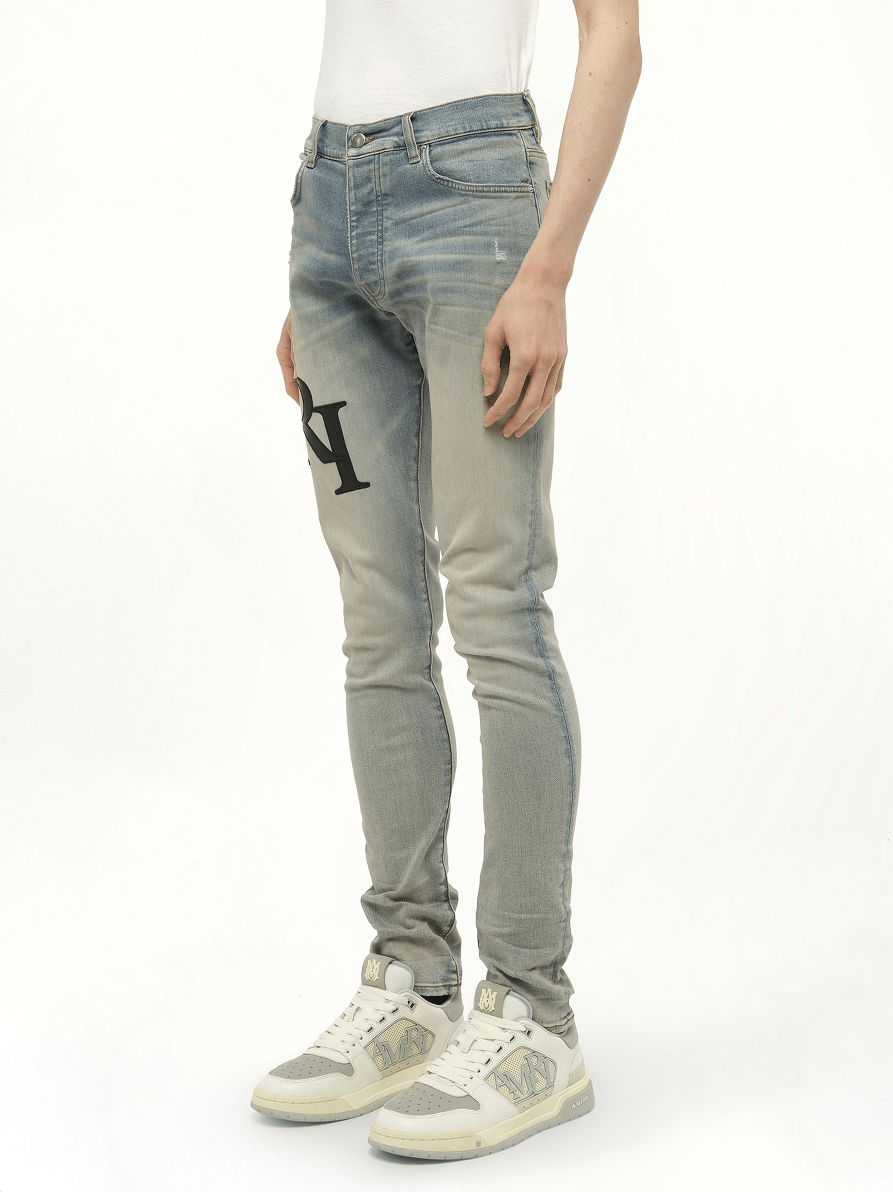 Staggered Logo Skinny Jeans in Antique Indigo/Black
