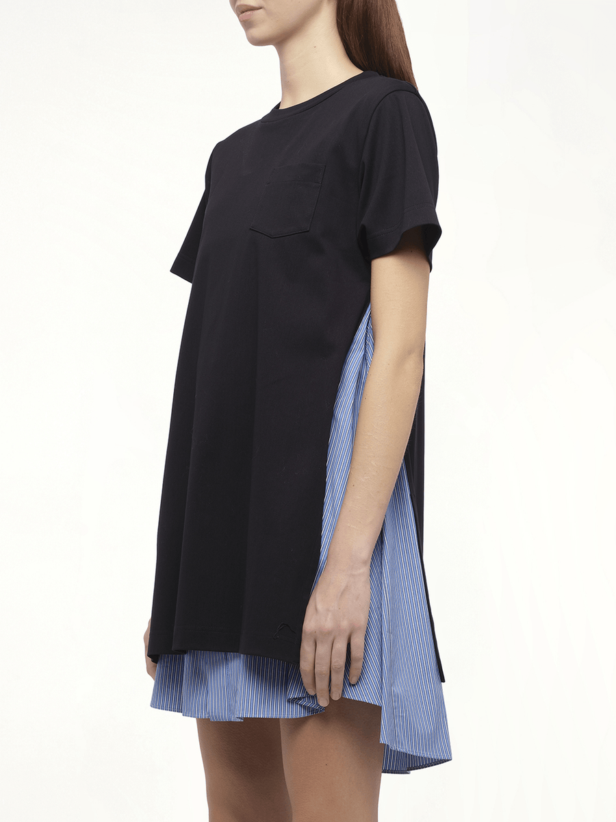 Poplin x Cotton Jersey Dress in Navy/Blue Stripe