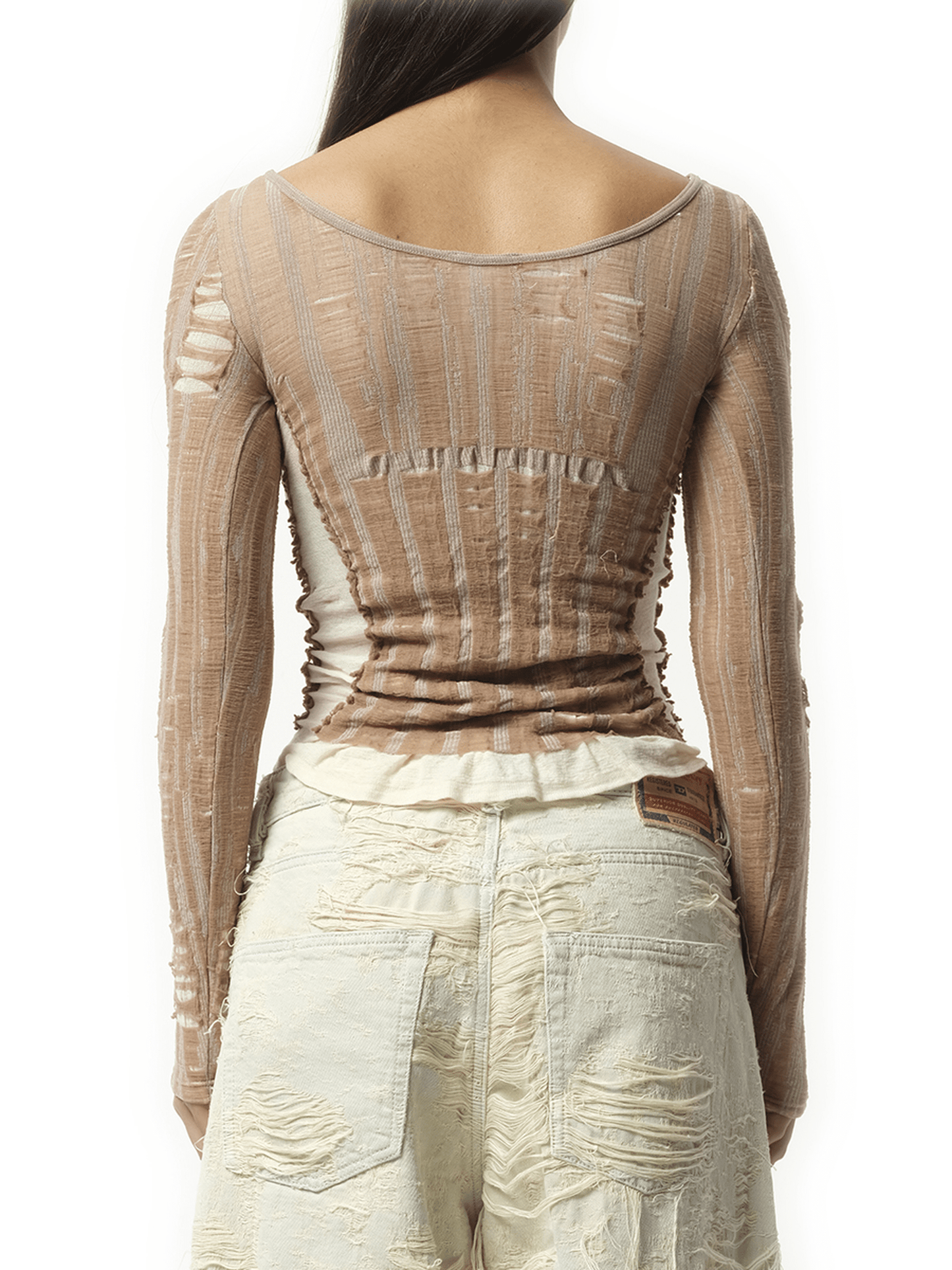 Diesel Distressed Long Sleeve Top in beige