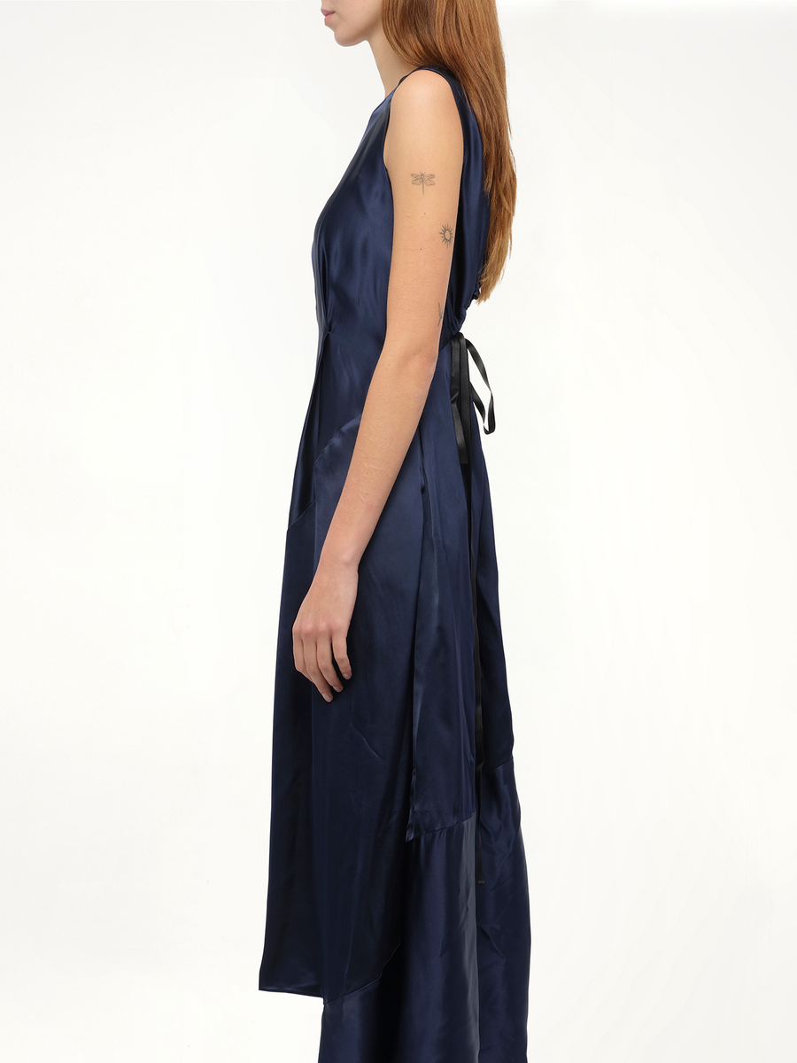 Sleeveless Satin Dress in Navy
