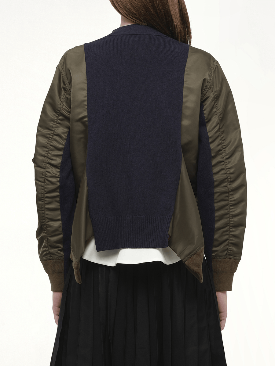 Nylon Twill x Knit Cardigan in Dark Khaki/Navy