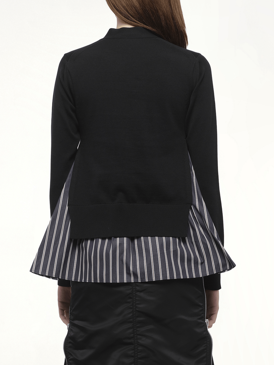 Poplin x Knit Cardigan in Black/Dark Navy Stripe