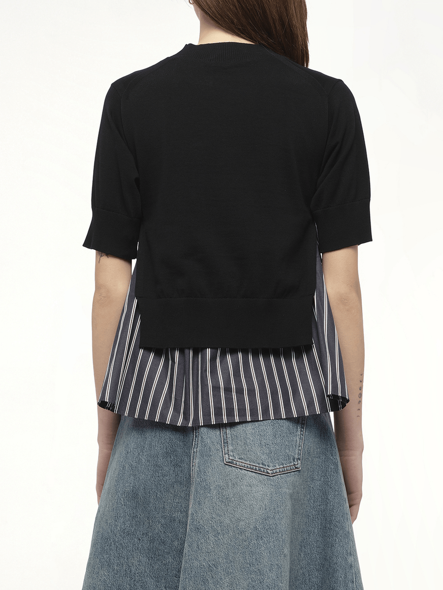Poplin x Knit Pullover in Black/Dark Navy Stripe