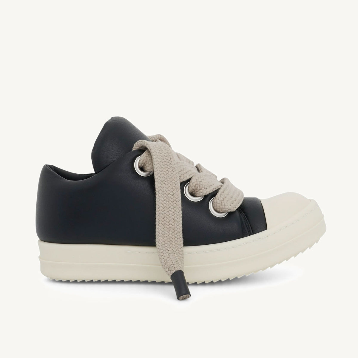 Jumbo Lace Padded Low Sneaker in Black/Milk Side View | RICK OWENS