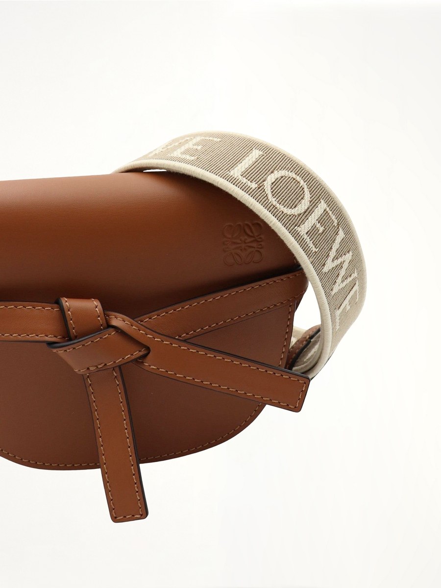 Mini Gate Dual Bag in Soft Calfskin and Jacquard Strap in Tan