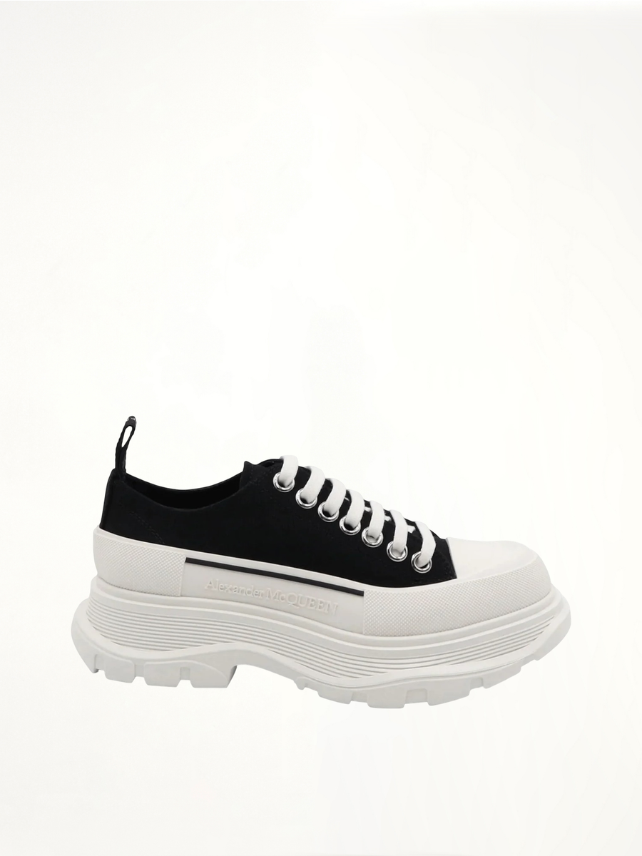 Tread Slick Canvas Lace-Up Shoes in Black/White Side View | ALEXANDER MCQUEEN