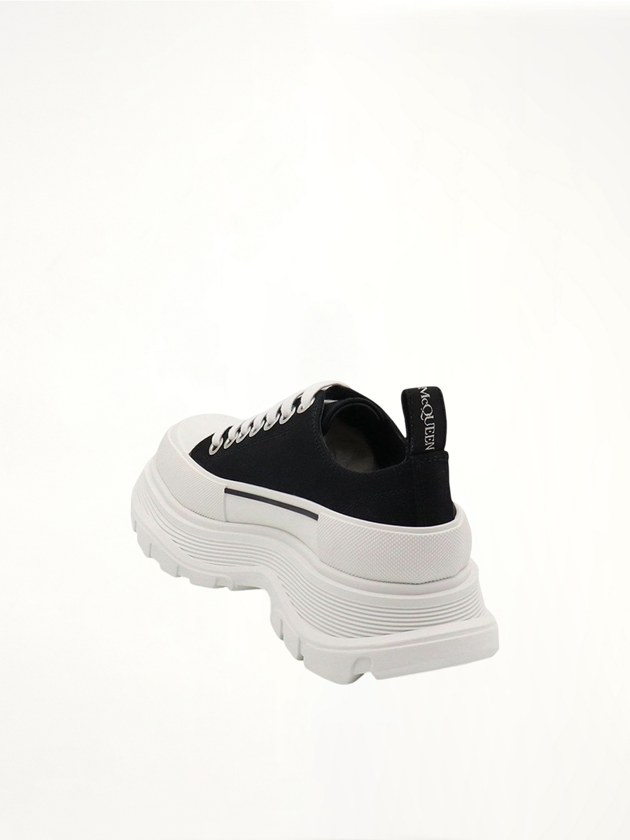 Tread Slick Canvas Lace-Up Shoes in Black/White Back View | ALEXANDER MCQUEEN
