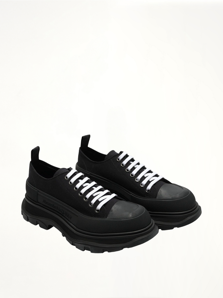 Tread Slick Canvas Lace-Up Shoes in Black Front View | ALEXANDER MCQUEEN