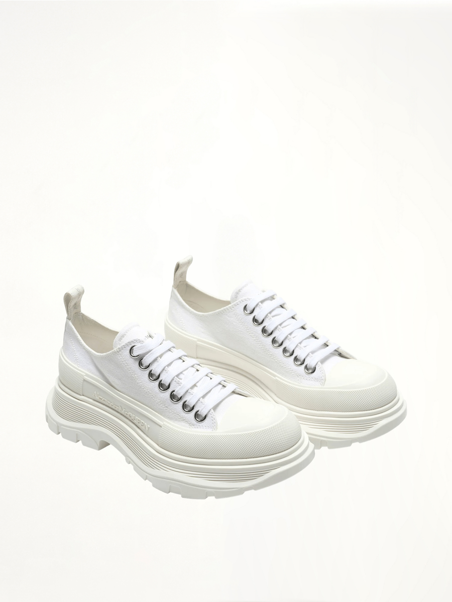 Tread Slick Canvas Lace-Up Shoes in White Front View | ALEXANDER MCQUEEN