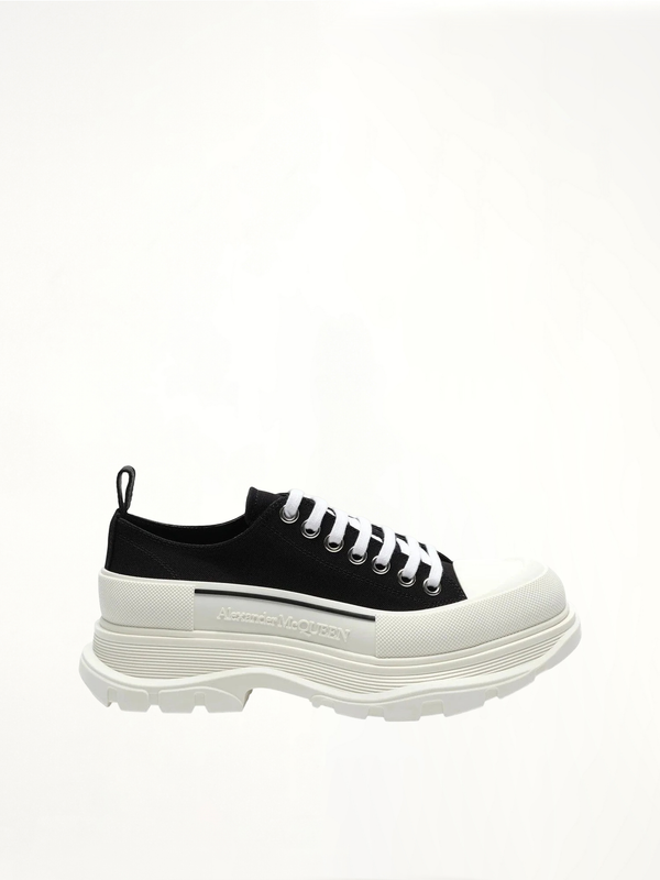 Tread Slick Canvas Lace-Up Shoes in Black/White Side View | ALEXANDER MCQUEEN