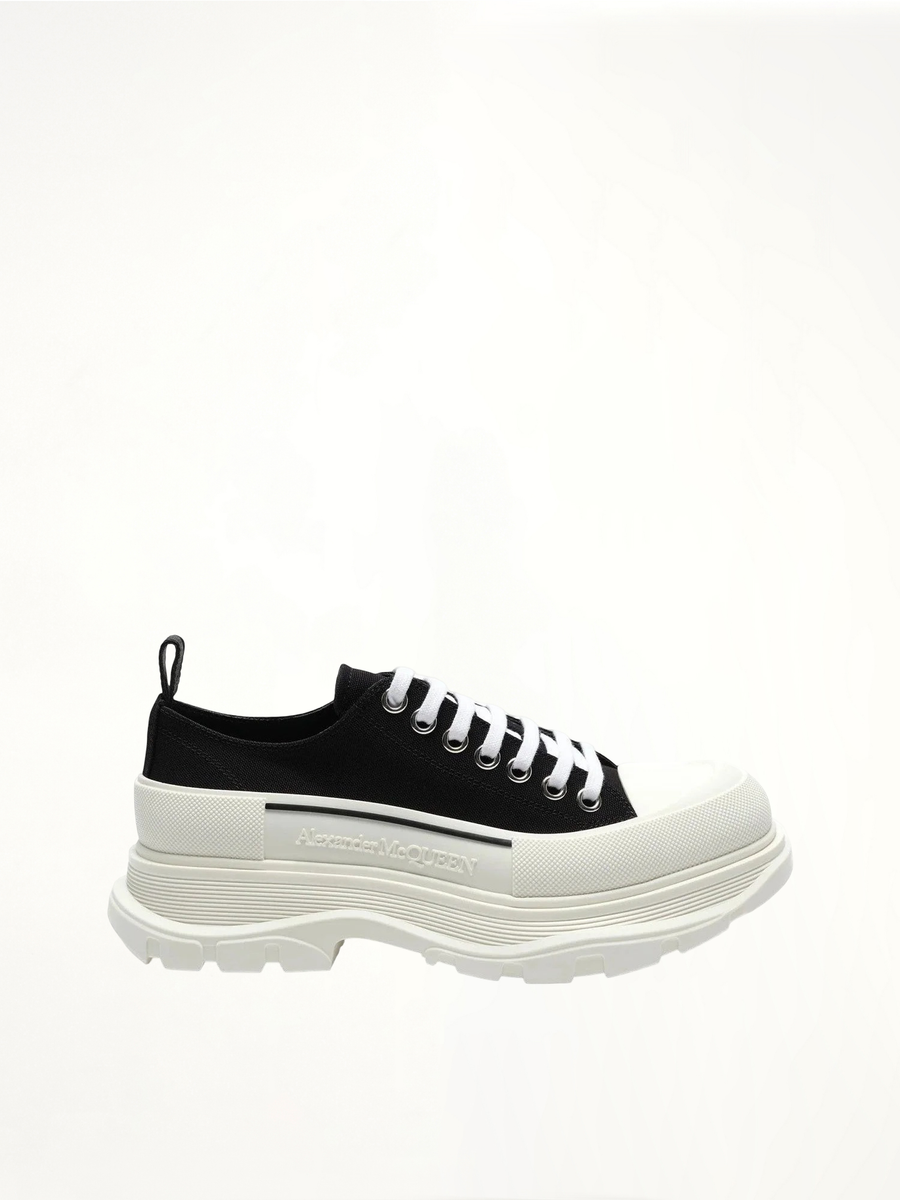 Tread Slick Canvas Lace-Up Shoes in Black/White Side View | ALEXANDER MCQUEEN