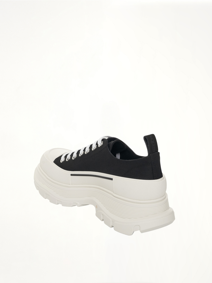 Tread Slick Canvas Lace-Up Shoes in Black/White Back View | ALEXANDER MCQUEEN