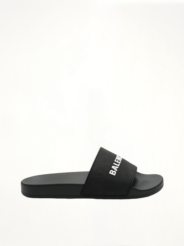 3D Logo Rubber Pool Slide Sandal in Black/White Side View | BALENCIAGA