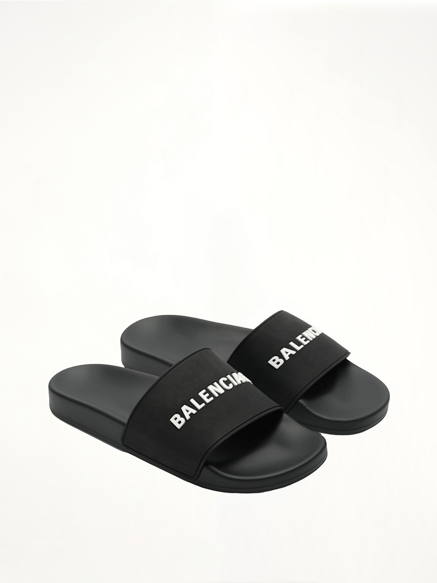 3D Logo Rubber Pool Slide Sandal in Black/White Front View | BALENCIAGA