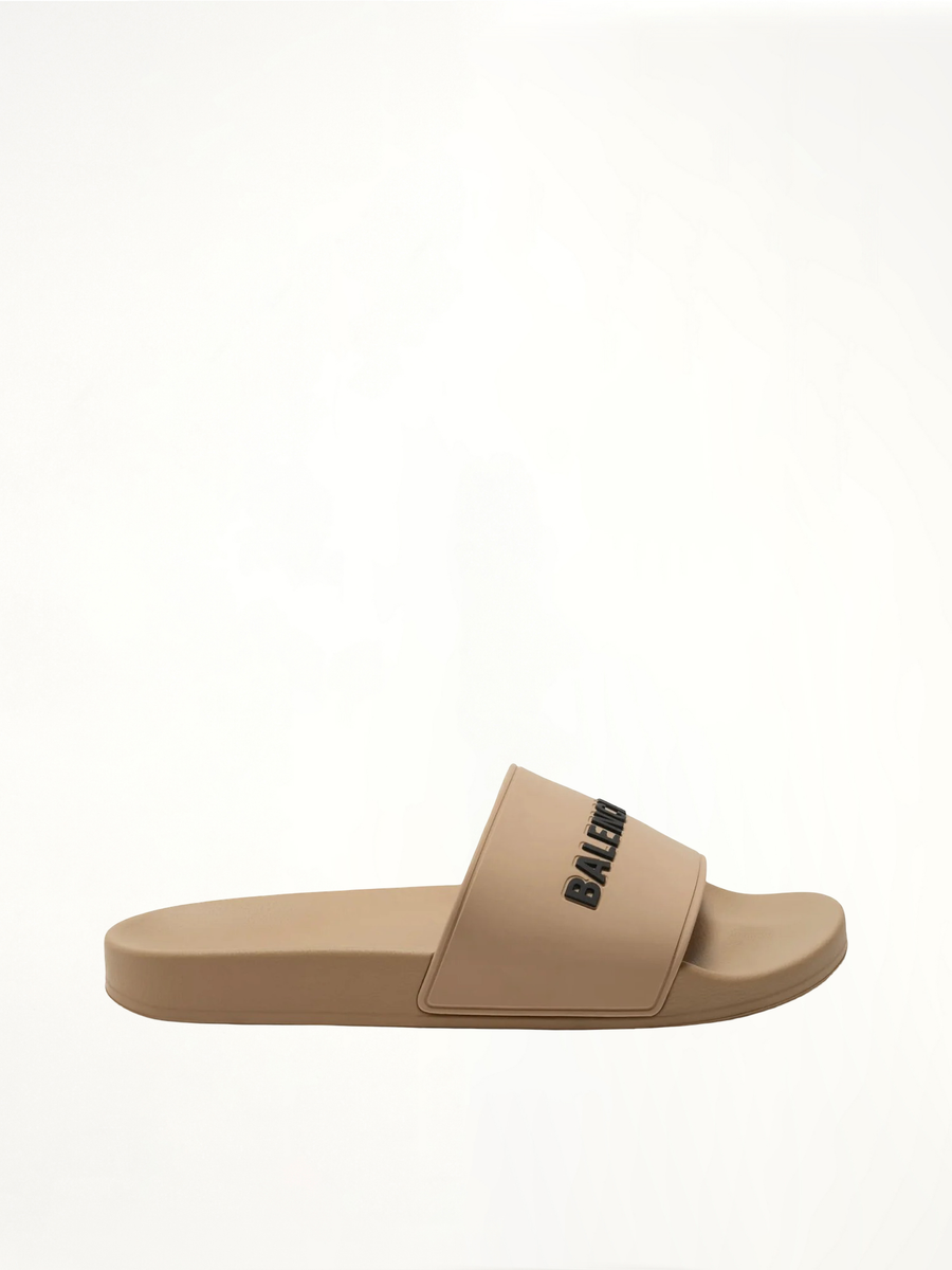 3D Logo Pool Slide Sandal in Beige/Black Side View | BALENCIAGA