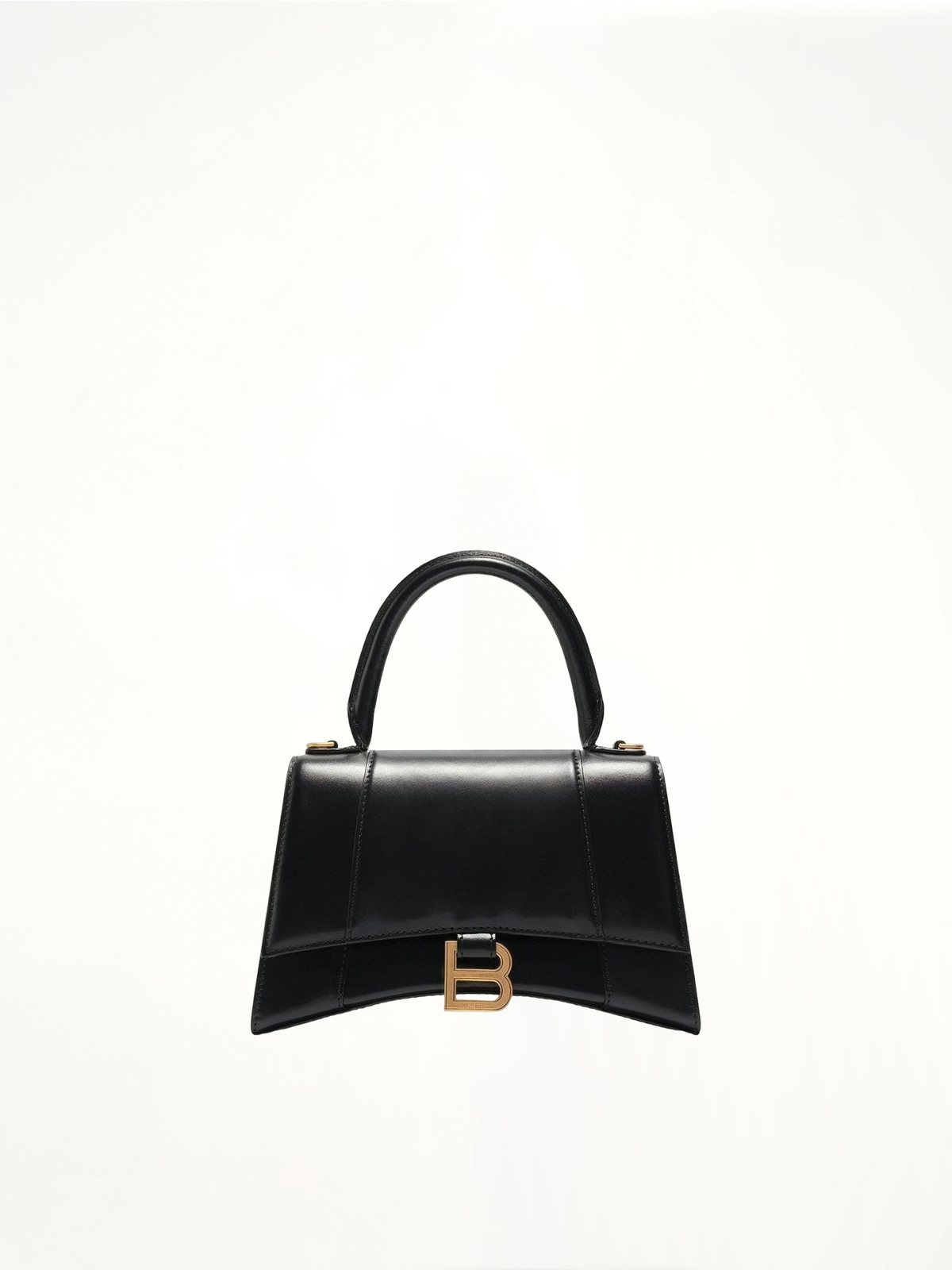 Hourglass Small Handbag in Box Calfskin in Black with Gold Plaque