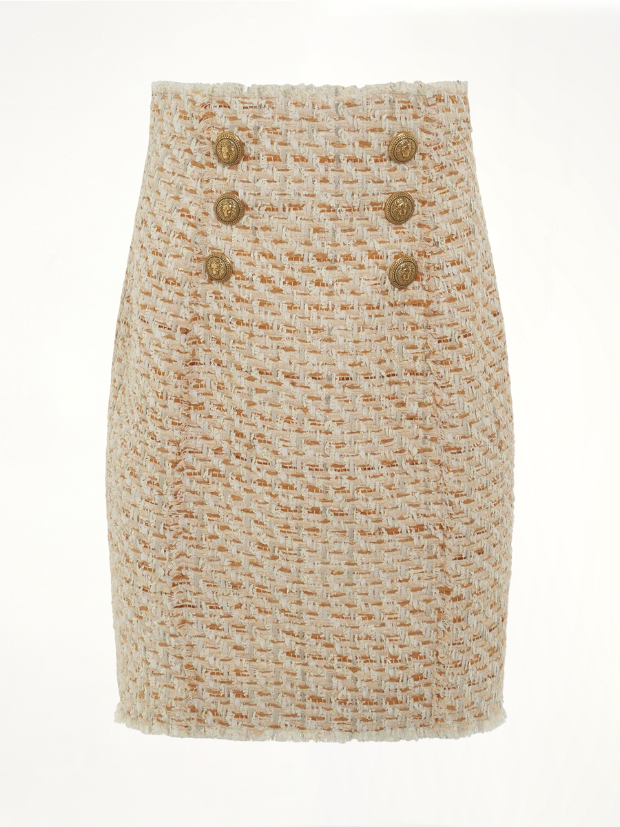 High Waisted 6 Button Tweed Short Skirt in Multi Beige