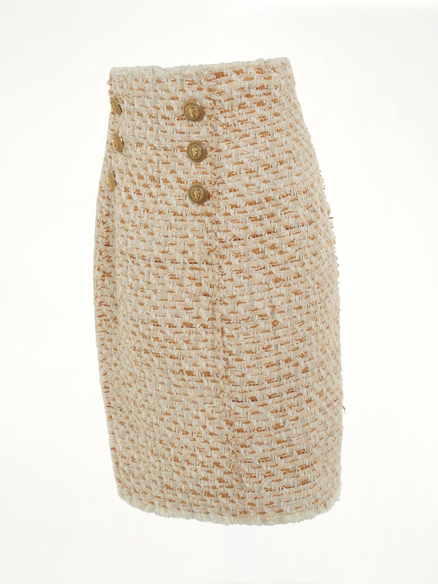 High Waisted 6 Button Tweed Short Skirt in Multi Beige