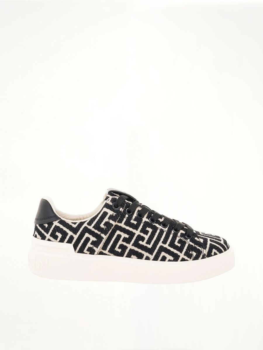 B-Court Monogram Jacquard Sneaker in Ivory/Black Side View | BALMAIN