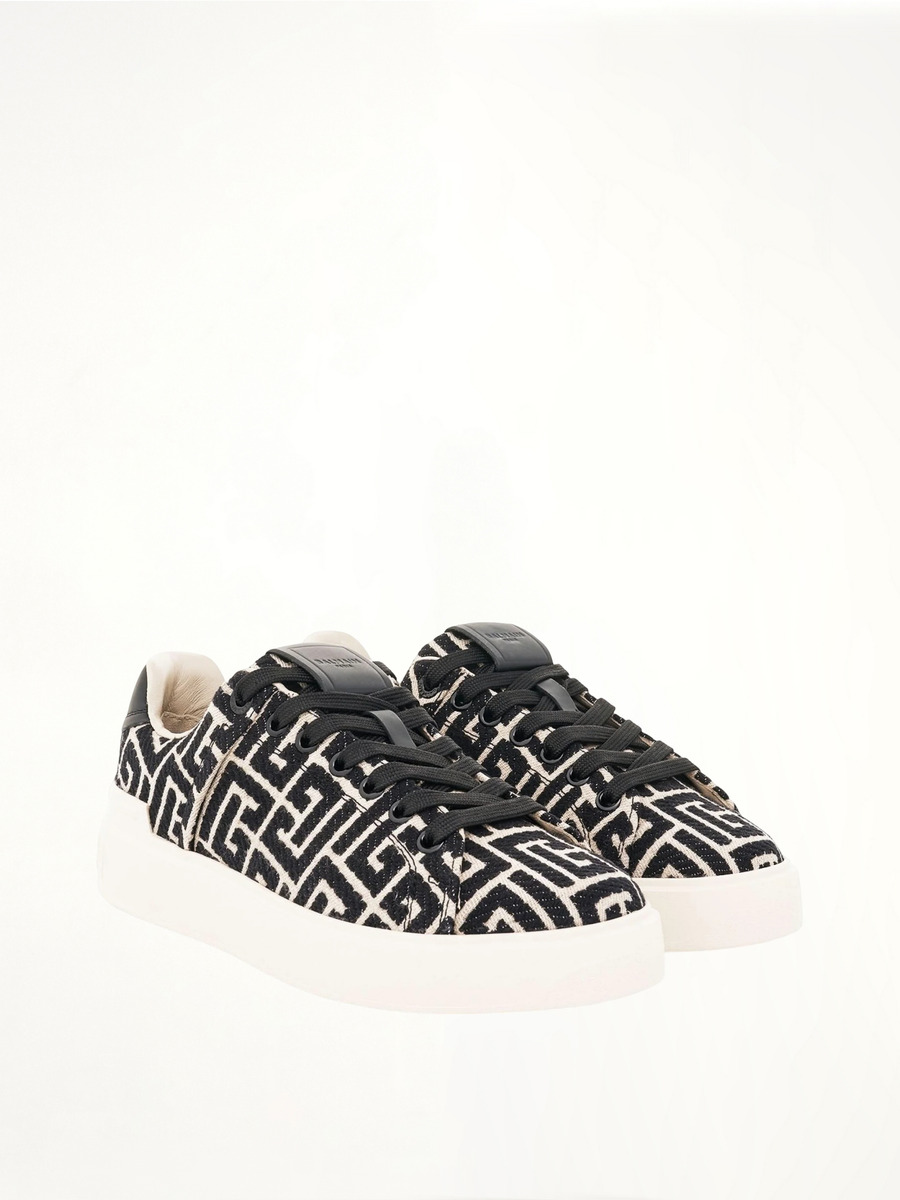 B-Court Monogram Jacquard Sneaker in Ivory/Black Front View | BALMAIN