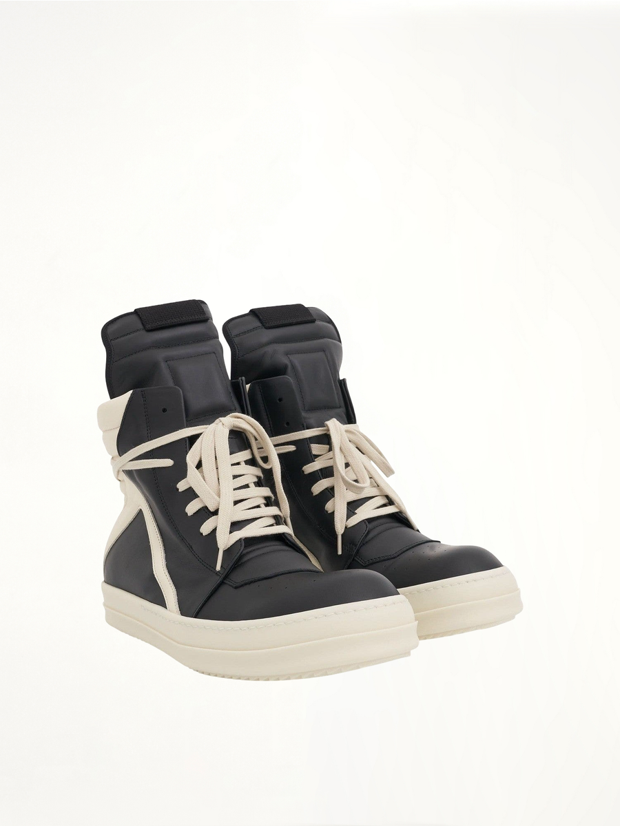 Geobasket Calf Leather Sneakers in Black/Milk Front View | RICK OWENS