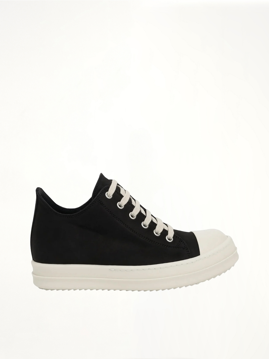 Low Greywolf Leather Sneakers in Black/Milk Side View | RICK OWENS