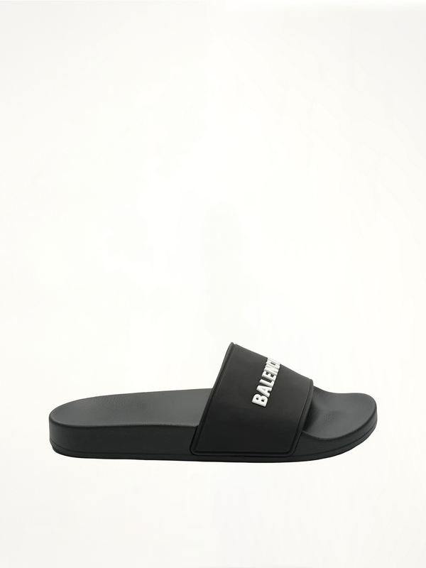 3D Logo Pool Slide Sandal in Black/White Side View | BALENCIAGA