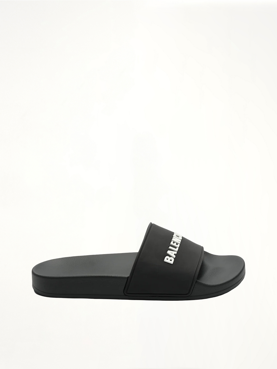 3D Logo Pool Slide Sandal in Black/White Side View | BALENCIAGA